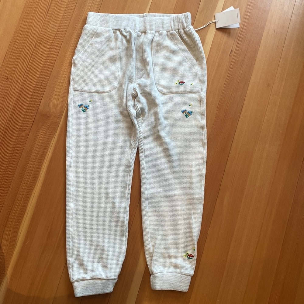 Brand new MOTHER waffle knit thermal joggers with floral embroidery detail